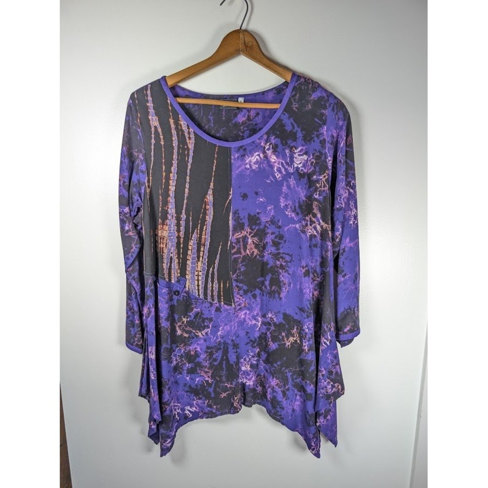 IguanaNa Tunic Top Small 3/4 Sleeve Shark Bite Lagenlook Artsy Boho Oversized